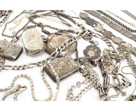 ASSORTED SILVER CHAINS, PENDANTS, VESTA CASES & BRACELETS, including Victorian double sovereign case (damaged), powder compac