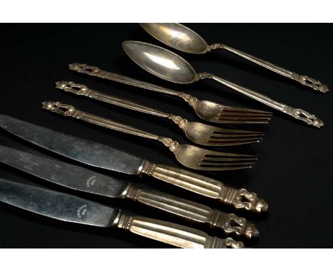 JOHAN ROHDE FOR GEORG JENSEN SILVER FLATWARE Acorn pattern comprising 3 silver knives &amp; forks, &amp; 2 spoons, gross wt a