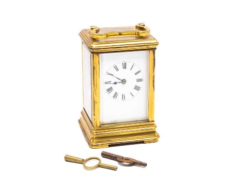 GILT BRASS FIVE GLASS CARRIAGE CLOCK, gorge case, enamel dial with Roman numerals, bevelled glass, winding keys, 15.5cms with