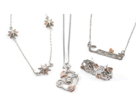 BOXED CLOGAU JEWELLERY comprising silver bracelet, silver 'Cariad' necklace, silver gem set necklace and matching earrings, w