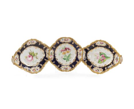 THREE VICTORIAN STAFFORDSHIRE BONE CHINA DESSERT DISHES, circa 1850, botanical painted centres and raised gilt border, plate 