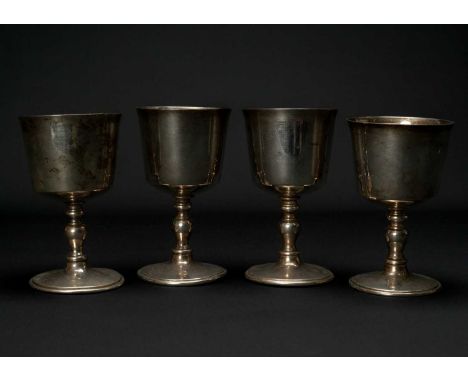 FOUR SILVER WINE GOBLETS, Barker Ellis Silver Co., all with large hallmarked decoration for Birmingham 1970, 1973, and 1975, 