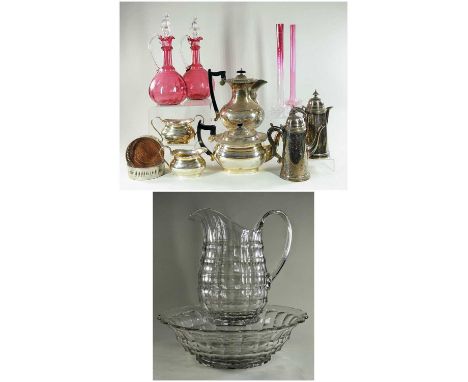 ASSORTED EPNS & GLASSWARE, comprising 4-piece EPNS teaset, pair EPNS bottle coasters, pair EPNS cafe au lait pots, clear moul