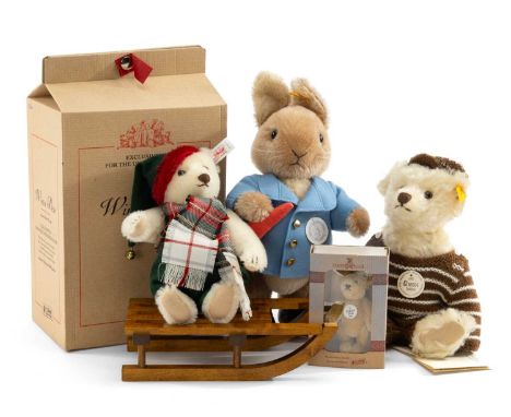 FOUR MODERN STEIFF TOYS, comprising Danbury Mint Peter Rabbit with blue jacket and carrot, no. 100, with COA and cloth bag, 2