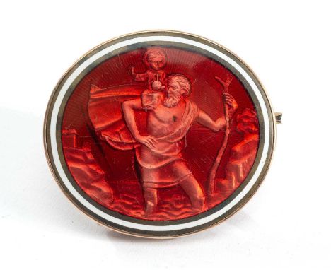 YELLOW METAL & RED GUILLOCHE ENAMEL BAR BROOCH, of oval form depicting religious scene, possibly Moses, unmarked, 39.8gmsProv
