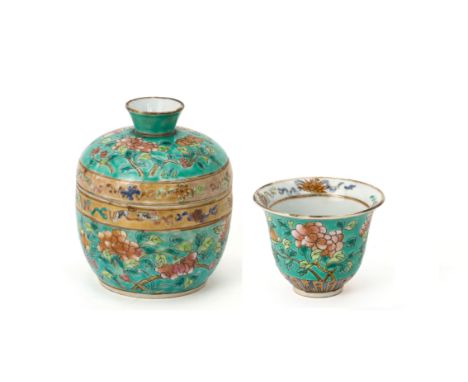 A TURQUOISE GROUND FAMILLE ROSE 'PEONY' WINE WARMER Decorated with fruiting and flowering foliage and a border of auspicious 