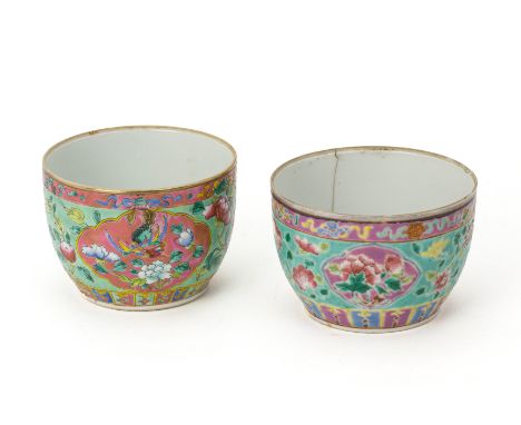 TWO TURQUOISE GROUND FAMILLE ROSE CHUPUS (LIDS LACKING) One example decorated with an ogival shaped reserve of peonies, the o