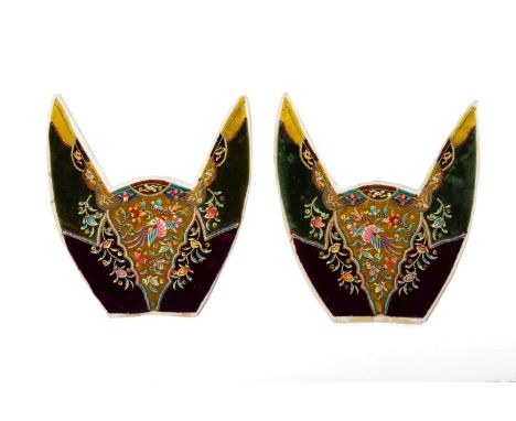 A PAIR OF VELVET EMBROIDERED SLIPPER PANELS
The collar with alternating panels of auspicious symbols above a bird perched amo