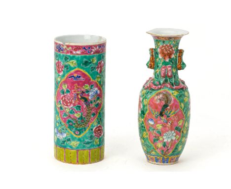 A TURQUOISE GROUND FAMILLE ROSE JOSS STICK HOLDER AND VASE
The joss stick holder with pink ground reserves of standing phoeni