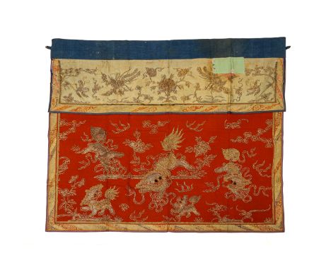 A SILK AND METAL THREAD ALTAR FRONT
Decorated with two rectangular panels, the upper panel depicting phoenixes in flight amon