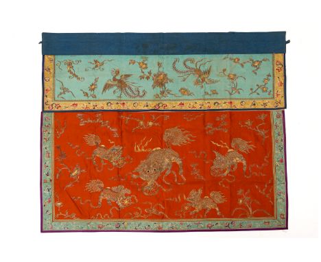 A SILK AND METAL THREAD EMBROIDERED ALTAR FRONT
Decorated with two rectangular panels, the upper panel depicting phoenixes in