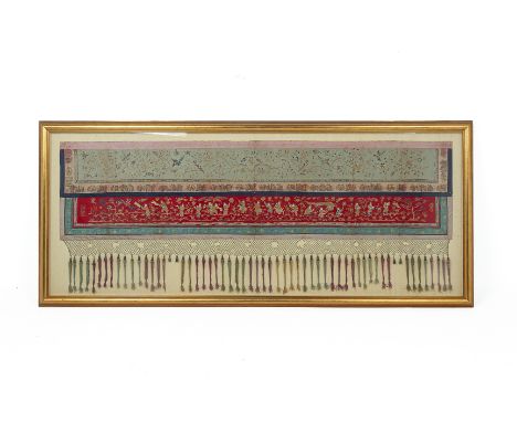 A LARGE FRAMED SILK EMBROIDERED PANEL
The upper section decorated with birds, insects, bats and flowering foliage on a light 