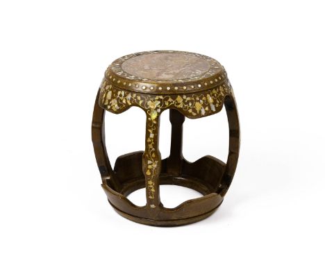 A MOTHER OF PEARL INLAID AND MARBLE INSET BARREL FORM STOOL
Decorated with flowers and trailing foliage
48.5cm high, the top 