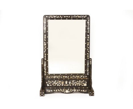 A MOTHER OF PEARL INLAID HARDWOOD TABLE SCREEN MIRROR
The rectangular mirror plate within a border of flowers and trailing fo