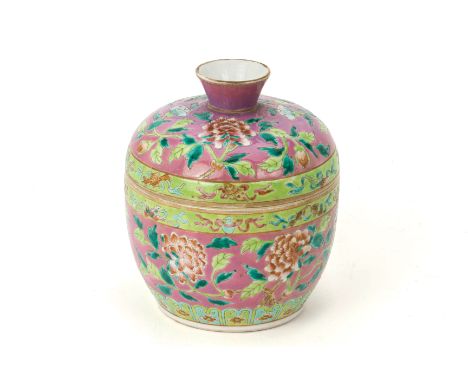 A PINK GROUND FAMILLE ROSE CHUPU Decorated with peonies and lotus amongst vines, with lime green ground borders of auspicious