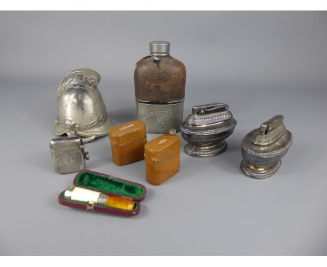 A Gentleman's Lot, including two Vintage Ronson Lighters, a leather and pewter hip flask imprinted with 'Roderick Dhu' (af), 