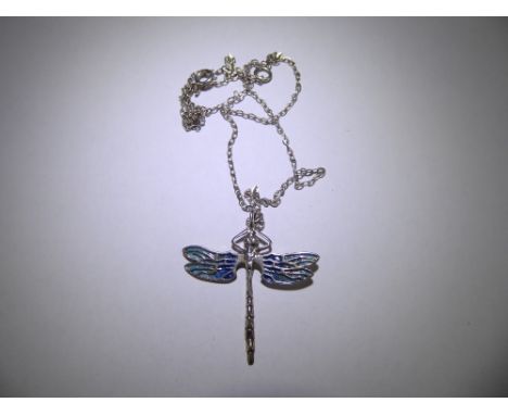 A Silver and Enamel Dragon Fly Pendant, on silver chain.