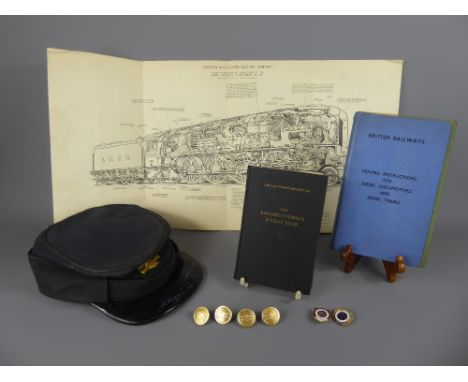 Miscellaneous items relating to The Railways, including a driver's cap, four gold-coloured jacket buttons, six ASLEF Trade Un