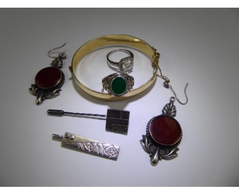 Miscellaneous Jewellery, including Silver and Cornelian Earrings, silver ring, ingot, stick pin, rolled gold bracelet and a s