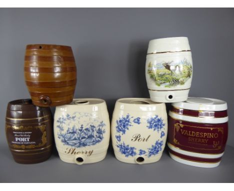 A Quantity of Vintage Lidded Spirit Barrel Decanters, including 'Valdespino Sherry' (Dexham International Ltd, Surrey, made i