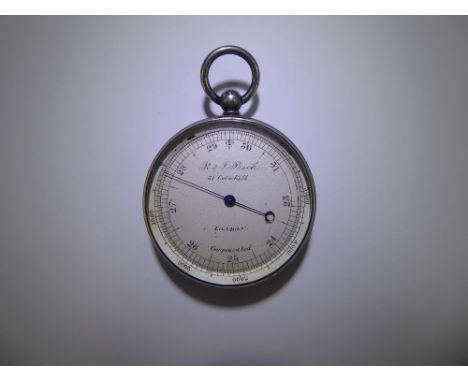 A Victorian Silver Cased Aneroid Pocket Barometer, signed R.J Beck Limited, engine turned rear cover and suspension ring.
