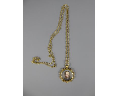 An Antique Hand Painted Double Sided 14/15 ct Yellow Gold (tested) Portrait Miniature Pendant and Chain, the pendant depictin
