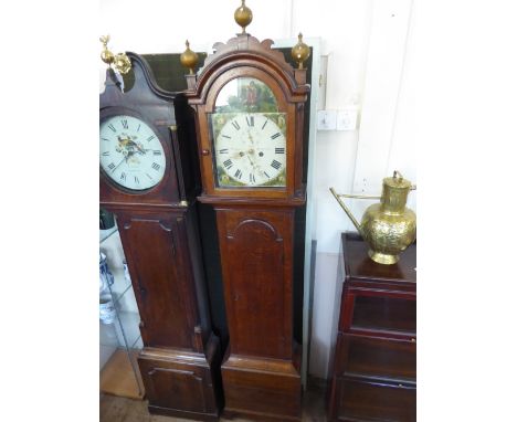 An Antique English Oak Long Case Clock, hand painted clock face depicting children at play, Roman dial with date and second a