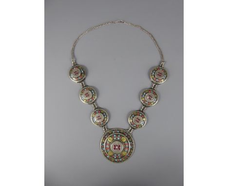 Turkman Silver and Enamel Disc Form Necklace, approx 32 cms, approx 120 gms.