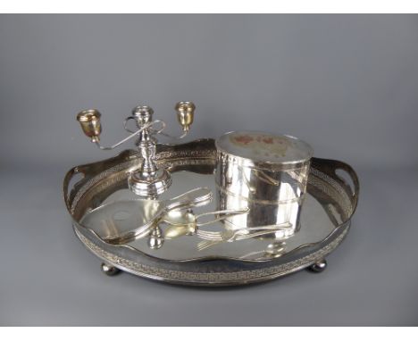 A Collection of Silver Plate, including galleried tray, tea caddy, candelabra, together with a silver hand mirror and quantit