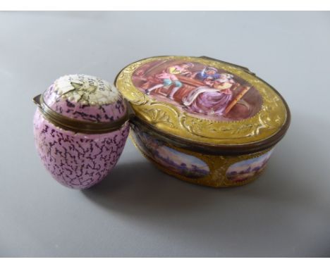 Two Antique Bilson Enamel Trinket Boxes, one oval hand painted with tavern scene, the sides painted with landscape scenes (af