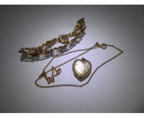 A 9 ct Gold Gate Link Bracelet, together with a 9 ct gold heart locket and chain, approx 12 gms.