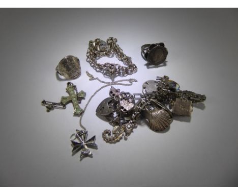 Miscellaneous Silver Jewellery, including a charm bracelet, multi-link bracelet, bangle, rings, three Maltese pendants on cha