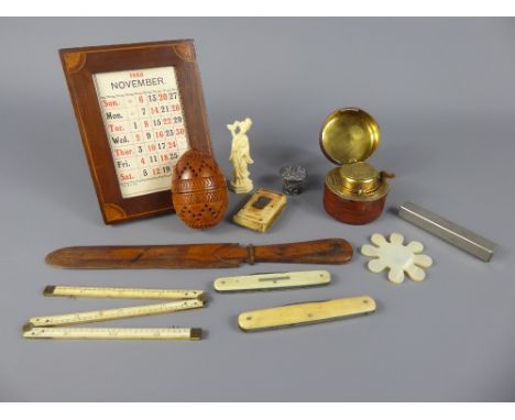Gentleman's Lot, miscellaneous items including treen acorn tape measure, two snuff boxes, bone manicure set, mother of pearl 