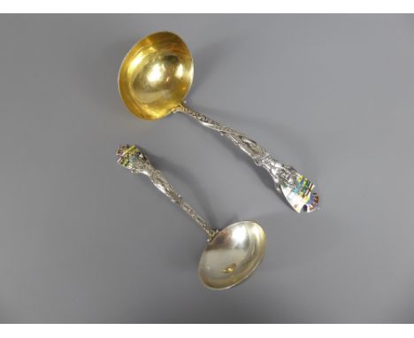 Late 19th Century Roden Bros Toronto Sterling Silver and Enamel Sauce Ladles (one large and one medium), designed in the form