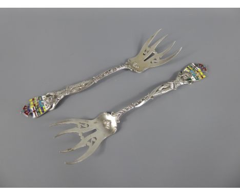 Late 19th Century Roden Bros Toronto Sterling Silver and Enamel Meat Forks, designed in the form of caryatid Native American 