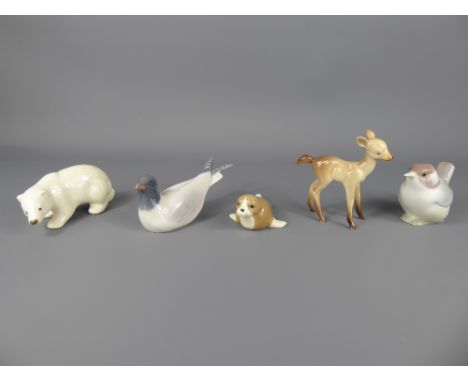 Miscellaneous Porcelain Figurines, including Royal Copenhagen Turn, Szeiler Polar Bear and Seal Pup, Lladro wren together wit