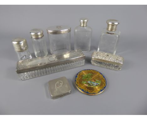 A Quantity of Edwardian Silver Topped Cut Glass Vanity Jars, Bottles and Scent Bottles, together with a miniature Perrette co