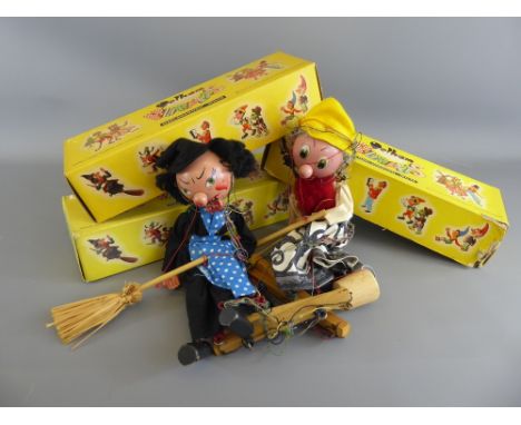 Six Vintage 1960's 'Pelham Puppets, including 'Dutch Boy', 'Sambo', 'Old Lady', 'Witch', 'Schoolmaster' and 'Policeman'.