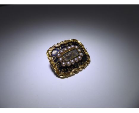 A Victorian 9 ct Yellow Gold, Black Enamel Seed Pearl Mourning Brooch,engraved Hemming George died 31st July 1843 13 years, a