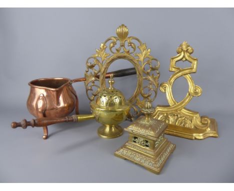 A Quantity of Copper and Brass, comprising copper ladle pan, brass ink well, brass incense burner.