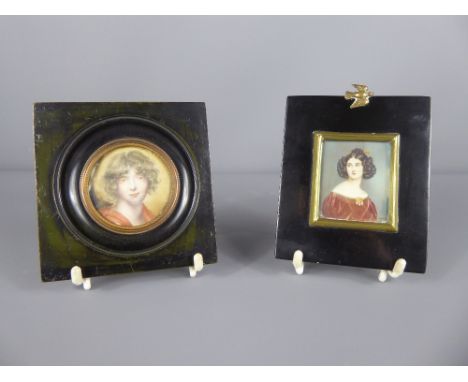 A 19th Century Ivory Portrait Miniature, signed Tremont, approx 5 x 6 cms, mounted in an ebony frame together with another po