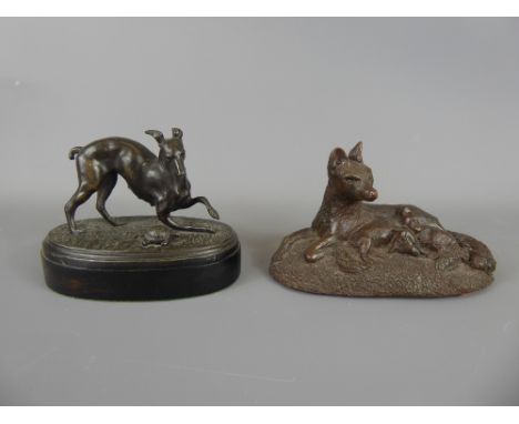 A Bronzed Figure of a Greyhound playing with a tortoise (wf), approx 12 x 10 cms together with a resin figure of a fox with c