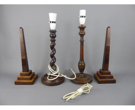 Two Vintage Oak Lamp Stands, one barley twist, together with a pair of wood carved mantel stands, approx 32 cms.