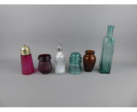 Miscellaneous Vintage glass, including a green olive oil bottle, mini soda siphon (approx 17 cms), cranberry sugar shaker, tw