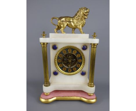 A French White Marble Mantel Clock, with gilt lion crest, approx 36 x 13 x 20 cms.
