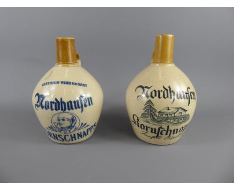 A Pair of Vintage Schnapps Nordhaufen Scotland Pottery Jugs, one with marks to base, approx 19 and 20 cms respectively.