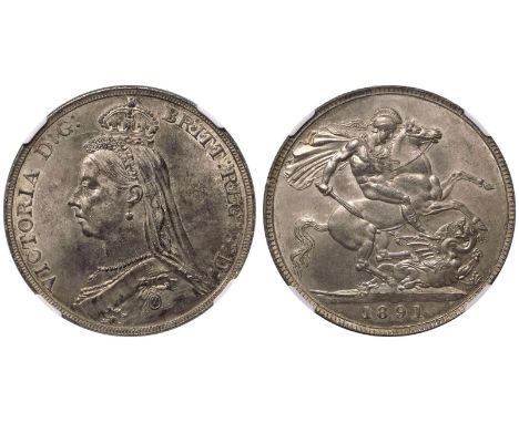 UNITED KINGDOM. Victoria, 1837-1901. Silver Crown, 1891. Royal Mint. Jubilee head facing left; VICTORIA D: G: BRITT: REG: F: 