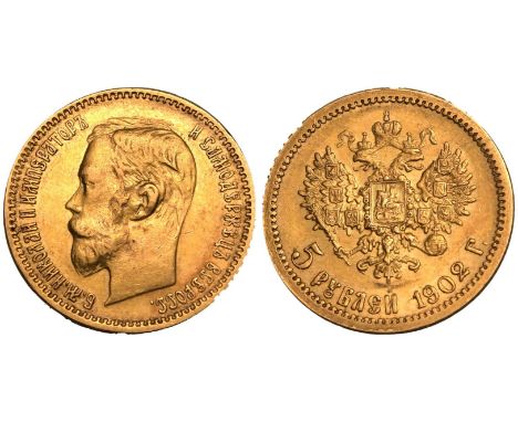 RUSSIA. Nicholas II. Gold 5 Roubles, 1902 АР. St. Petersburg. Portrait of the Emperor Nikolai II; Б.М.НИКОЛАЙ II ИМПЕРАТОРЪ И