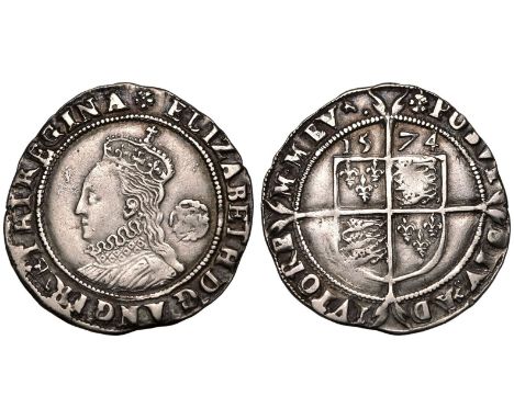 ENGLAND. Elizabeth I, 1558-1603. Silver Sixpence, 1574. Eglantine. Crowned portrait of Queen Elizabeth I facing left with ros