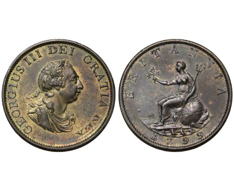 GREAT BRITAIN. George III, 1760-1820. Copper Halfpenny, 1799. 5 Incuse Gunports. Laureate bust facing right. Legend reads GEO